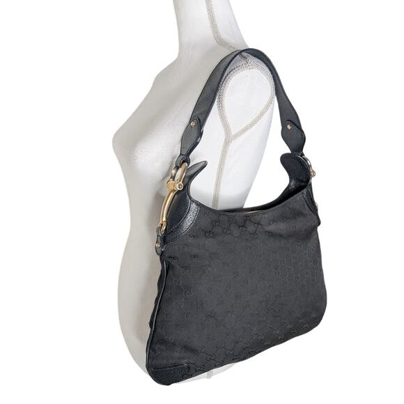 Gucci Creole Hobo Bag Black GG Monogram Canvas Leather Trim Gold Shoulder Tote - Picture 10 of 12